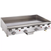 Vulcan 900RX series gas thermostatic griddle, stainless steel countertop unit with grease trough, angled view