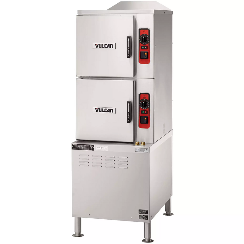 Vulcan C24ET floor model electric steamer, two stainless steel steam compartments on a cabinet base, angled view