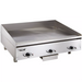 Vulcan HEG-E series heavy duty electric griddle, 24 inch deep stainless steel countertop unit, angled view