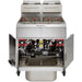 Vulcan PowerFry3 TR45 series gas 45-50 lb two-fryer battery with doors open showing the controls and filter pan