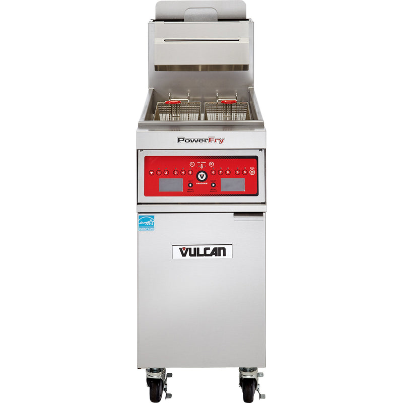 Vulcan PowerFry3 TR85 series 85-90 lb gas fryer, single stainless steel unit with red controls, front view