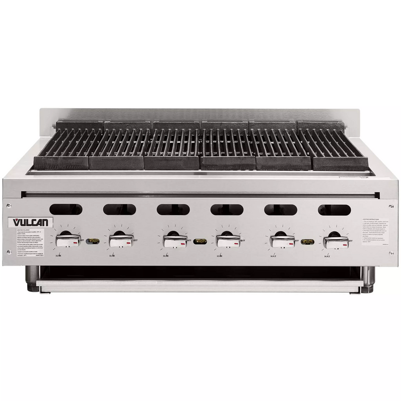 Vulcan VACB series gas charbroiler, stainless steel countertop unit with cast iron radiant grates, angled view