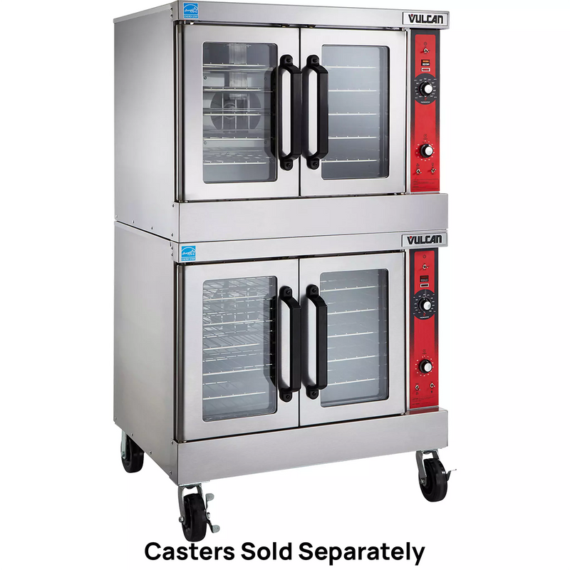 Vulcan VC44GD gas double stack convection oven, stainless steel with glass doors on casters, angled left view