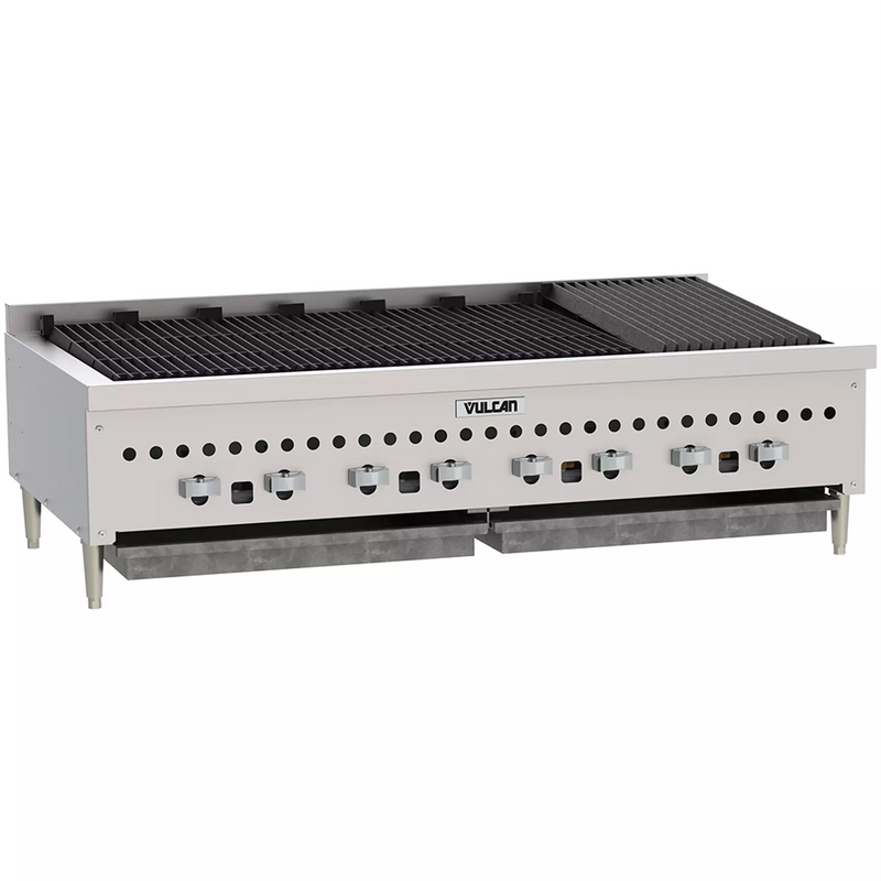 Vulcan VCCB series gas charbroiler, stainless steel countertop unit with heavy duty grates, angled view
