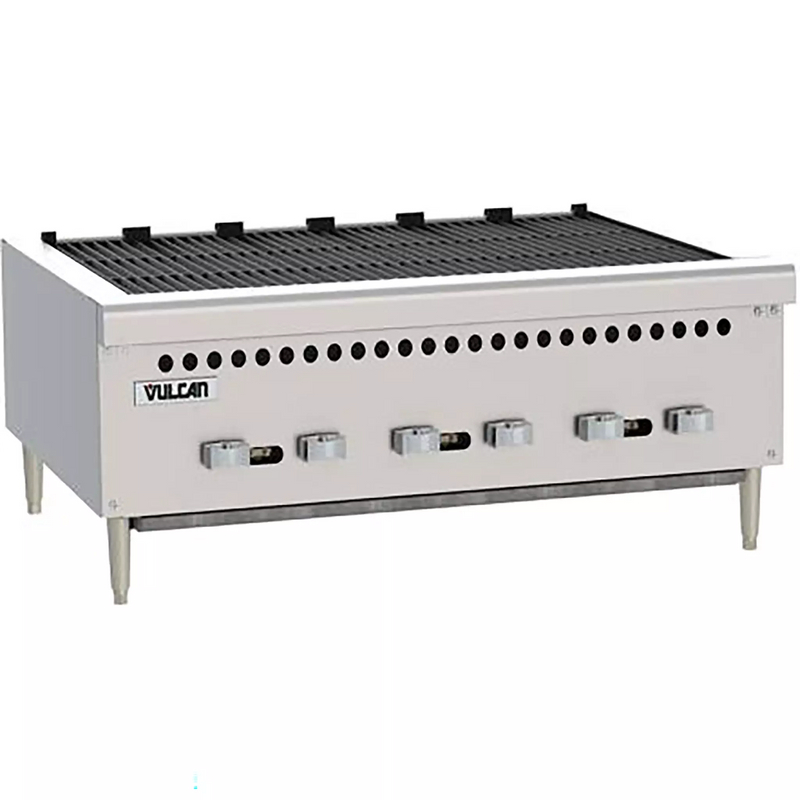 Vulcan VCRB36 natural gas/propane 36 inch countertop radiant charbroiler in stainless steel with six control knobs