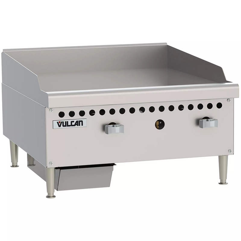 Vulcan VCRG24-M natural gas/propane 24 inch manual countertop griddle in stainless steel, angled view