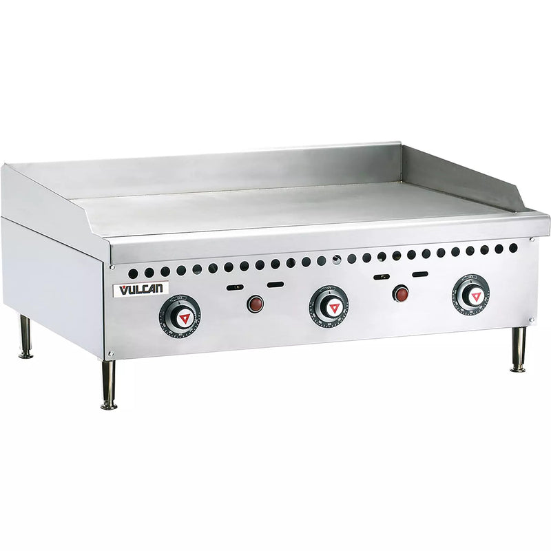 Vulcan VCRG36-T natural gas/propane 36 inch thermostatic countertop griddle in stainless steel with three thermostats