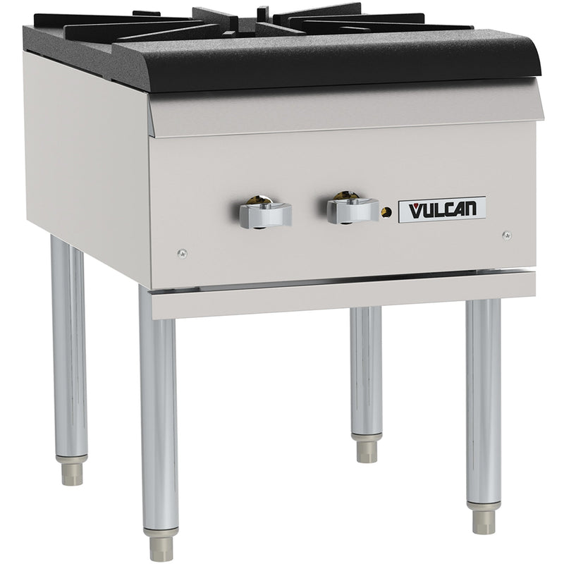 Vulcan VSP100 natural gas/propane single stock pot range in stainless steel with heavy grate and tall legs, front