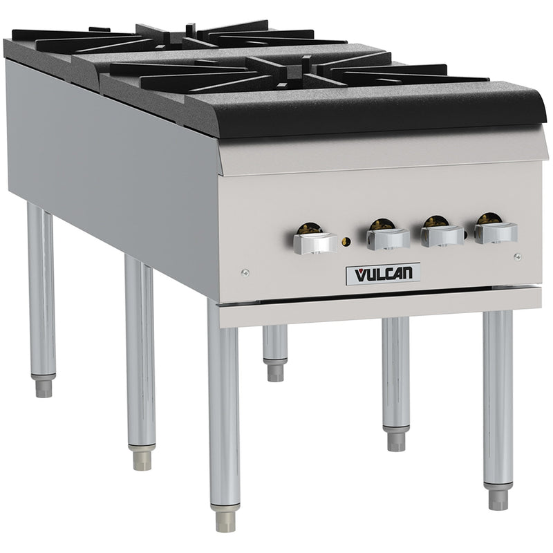 Vulcan VSP200 natural gas/propane double stock pot range in stainless steel with two burner grates on tall legs