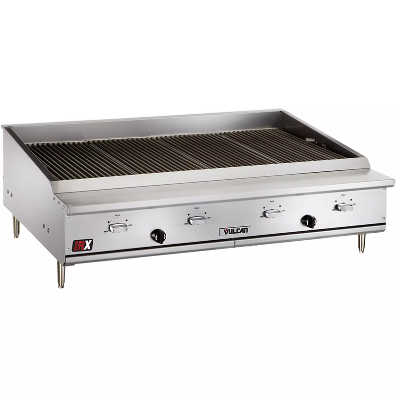 Vulcan VTEC series gas charbroiler, stainless steel countertop unit with cooking grates and legs, angled view