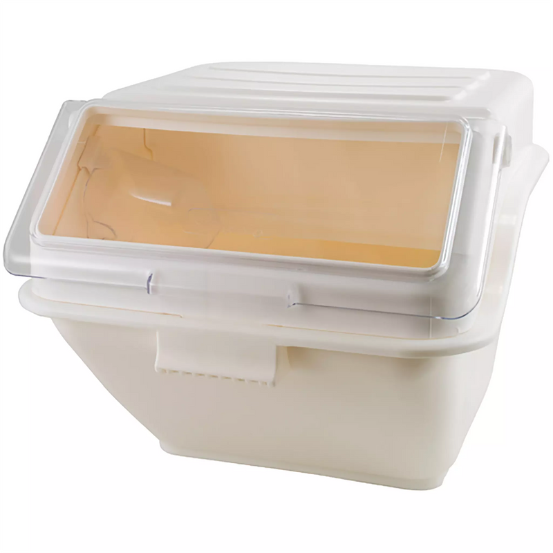 Winco IB-10S 10 gallon shelf ingredient bin, white polypropylene base with clear sliding lid and scoop opening