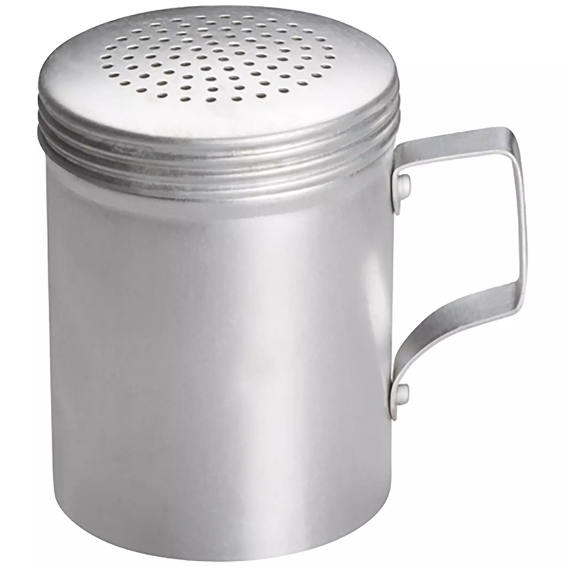 Winco 10 oz aluminum dredge with side wire handle and perforated screw-on shaker lid, handled style shown
