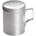Winco 10 oz aluminum dredge with side wire handle and perforated screw-on shaker lid, handled style shown