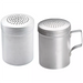 Winco 10 oz aluminum dredge, both styles shown side by side, one without handle and one with a wire handle