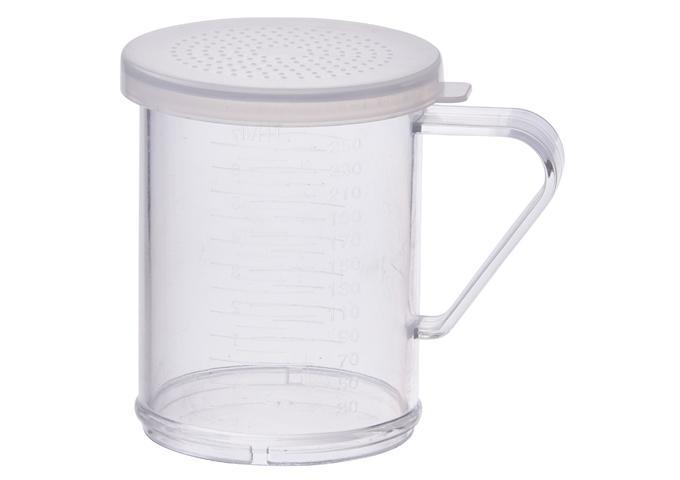 Winco 10 oz clear dredge with handle and clear snap-on lid with extra fine shaker holes, side view