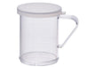 Winco 10 oz clear dredge with handle and clear snap-on lid with extra fine shaker holes, side view