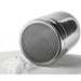 Winco 10 oz stainless steel powdered sugar dispenser, close-up of the fine mesh top with powdered sugar dusted below