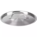 Winco 11 1/4" SSTC-12 stainless steel pot and pan cover with riveted loop handle, angled view of the top