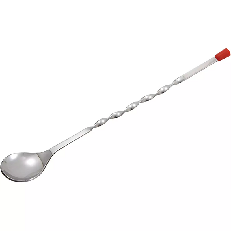 Winco 11 inch stainless steel bar spoon with twisted spiral handle, red end cap and small mixing bowl
