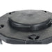 Winco 18 inch round trash can dolly, close-up of the black plastic deck and the locking tabs that hold the bin