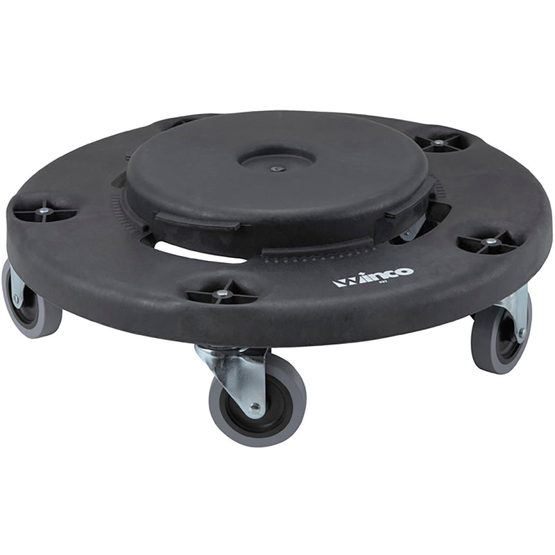 Winco 18 inch round trash can dolly, black plastic base with raised centre and four swivel casters, angled view
