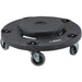 Winco 18 inch round trash can dolly, black plastic base with raised centre and four swivel casters, angled view