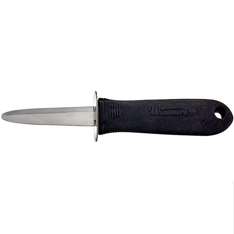 Winco oyster and clam knife with 2 3/4 inch stainless steel blade, hand guard and black soft grip handle