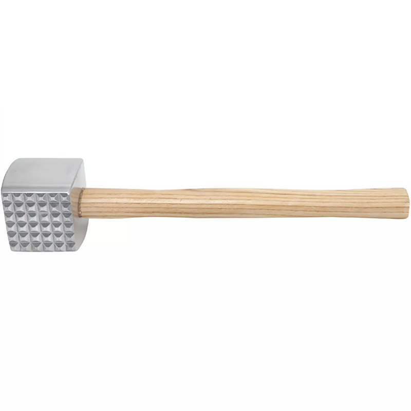 Winco 2-sided aluminum meat tenderizer mallet with textured striking faces and natural wooden handle