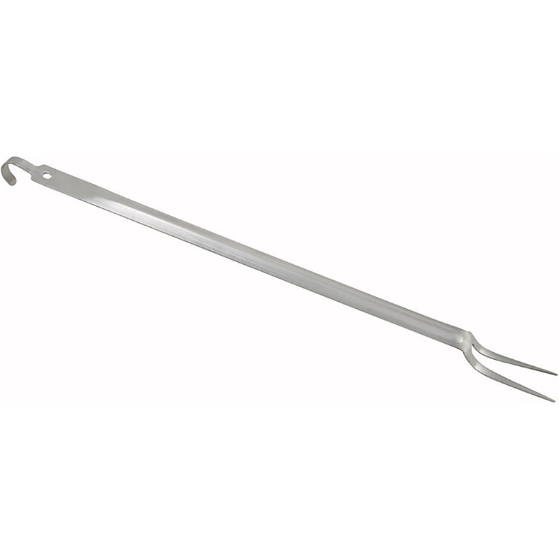Winco 21-inch heavy-duty basting fork with hook, long stainless steel two-prong fork with hanging hook end