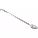 Winco 21 inch heavy-duty stainless steel perforated basting spoon with hook end for hanging on a pot