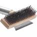 Winco 27 inch pizza oven scraper, close-up of the steel wire bristle brush block and scraper blade edge