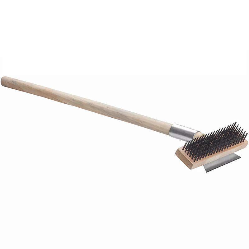 Winco 27 inch pizza oven scraper with wooden handle, steel wire brush head and flat scraper blade
