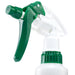 Winco 28 oz plastic spray bottle, close-up of the green and white adjustable trigger sprayer head