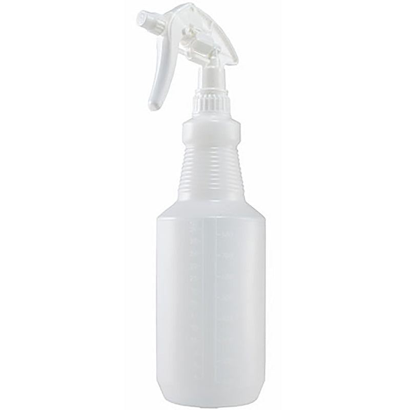 Winco 28 oz plastic spray bottle, translucent white bottle with white trigger sprayer head, front view