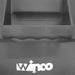 Winco 32 gallon gray round trash bin, close-up of the built-in side handle and embossed Winco logo