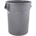 Winco 32 gallon gray round trash bin with two side handles and Winco logo, open top without lid, front view