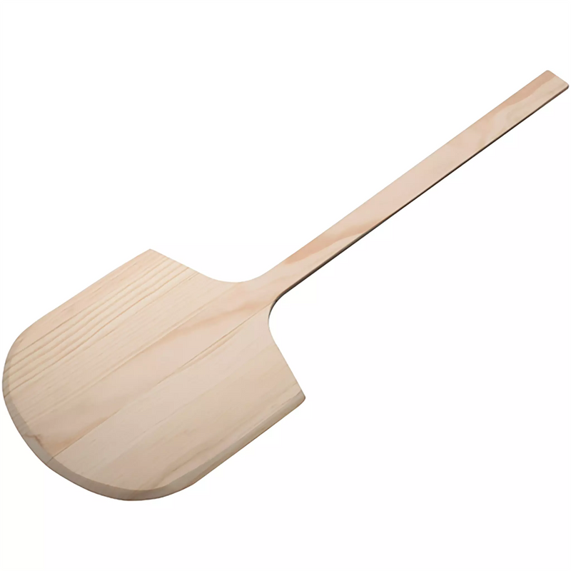 Winco 36 inch long wood pizza peel with square blade and long flat wooden handle, angled view
