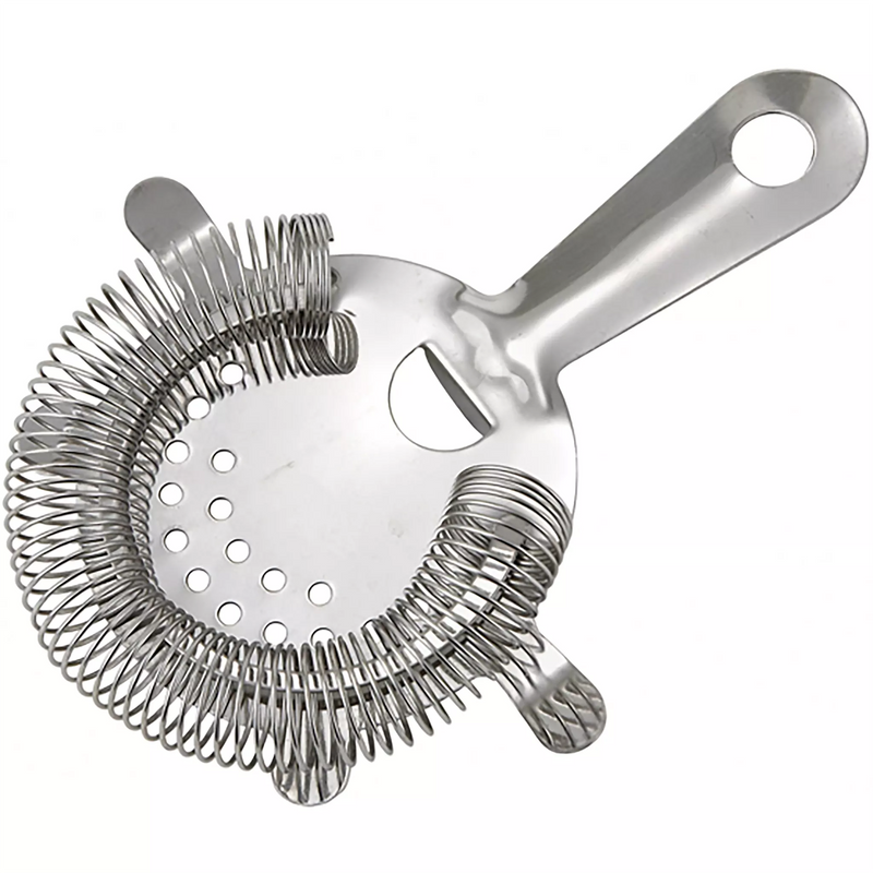 Winco 4 prong stainless steel bar strainer with coiled spring rim, perforated face and hanging hole handle
