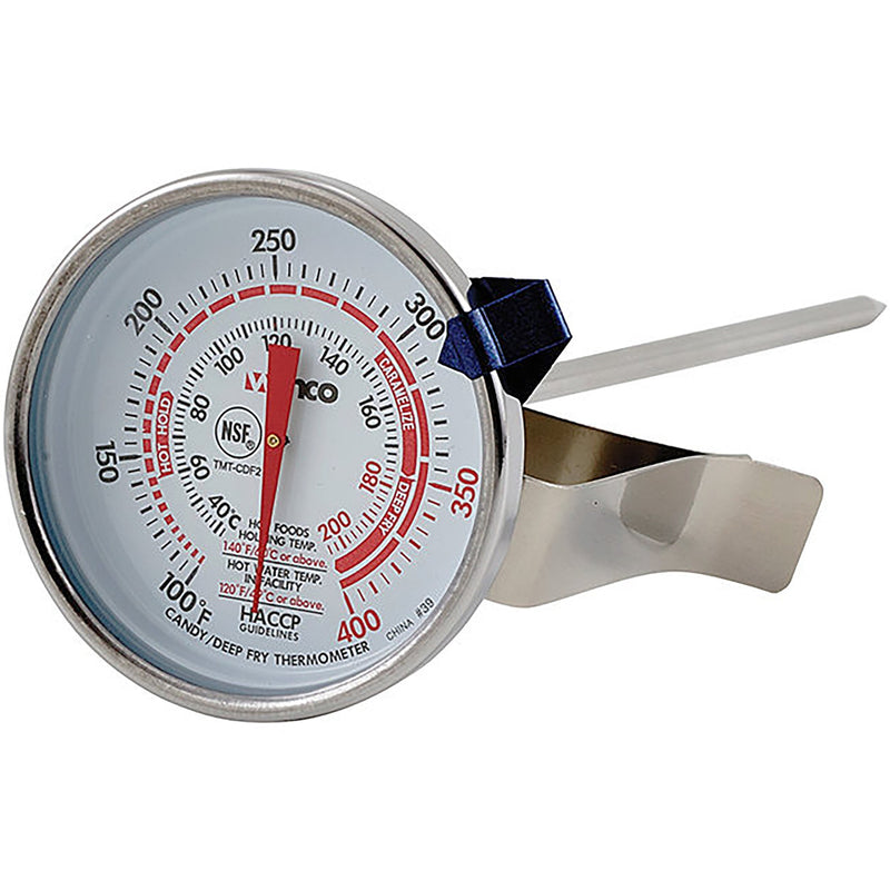 Winco 5-inch candy and deep fryer thermometer, round dial with red temperature scale and pan clip