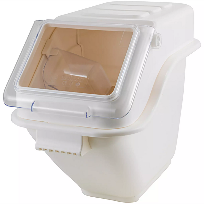 Winco IB-5S 5 gallon shelf ingredient bin, white polypropylene base with clear flip lid and front scoop opening