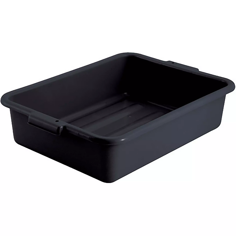 Winco 5-inch polypropylene dish bin in black, shallow rectangular bus tub with moulded end handles, angled view