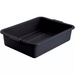 Winco 5-inch polypropylene dish bin in black, shallow rectangular bus tub with moulded end handles, angled view