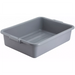 Winco 5-inch polypropylene dish bin in grey, shallow rectangular bus tub with built-in side handles, angled