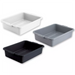 Winco 5-inch polypropylene dish bins in various colours, white, grey and black shallow bus tubs shown together