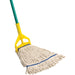 Winco 57-inch plastic mop handle with yellow clamp shown holding a white cotton wet mop head, not included