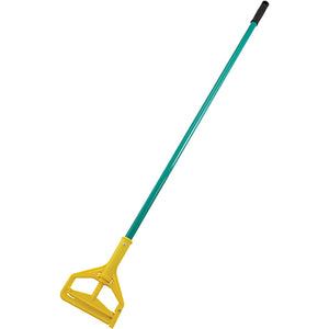 Winco 57-inch plastic mop handle with green fibreglass-style pole and yellow quick-change head clamp