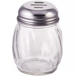 Winco 6 oz clear glass cheese shaker with swirled body and slotted stainless steel top style