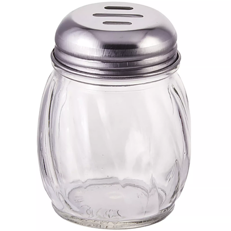 Winco 6 oz clear glass cheese shaker with swirled body and slotted stainless steel top style