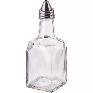Winco 6 oz clear glass oil and vinegar cruet with square body and stainless steel pour top