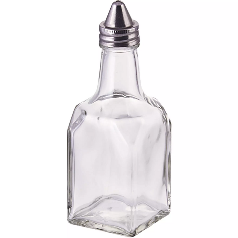 Winco 6 oz clear glass oil and vinegar cruet with square body and stainless steel pour top
